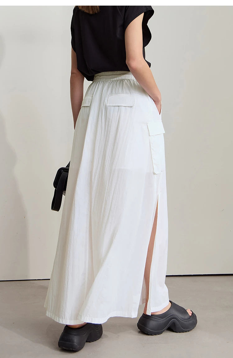 Vacation Long Skirt 2025 Summer Women Loose Sun Protection Office Lady Solid Pockets Elastic Waist Cord Slit Skirt 12542106