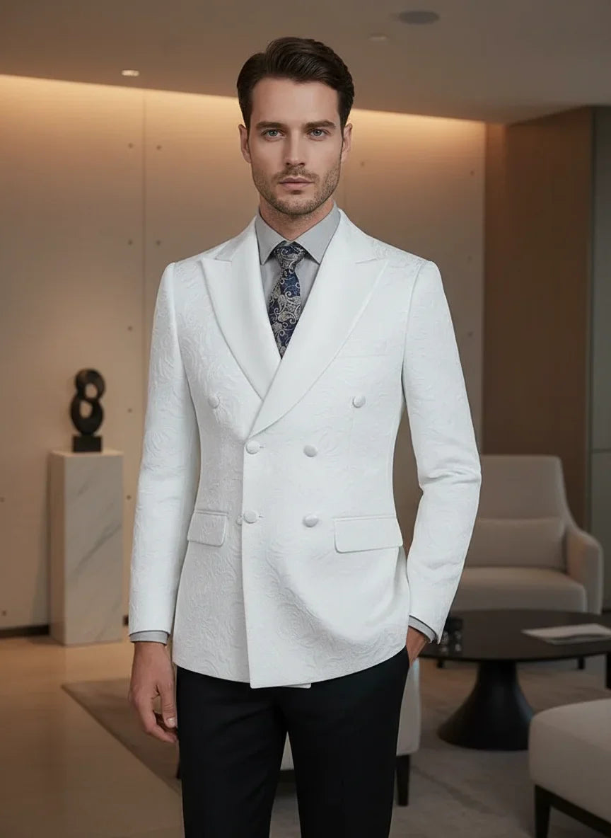 Double-Breasted Groom's Wedding 2 Piece Set White Party Outfit for Man Slim Fit Tasdo Shawl Collar Evening Gown Dinner Suit