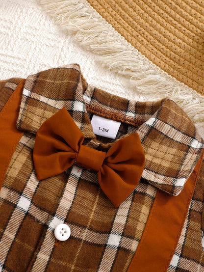 Cute Baby Boy Plaid Print Jumpsuit with Bow Tie & Checkered Beret.