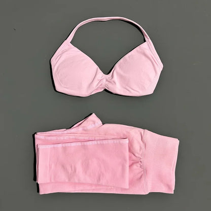 2 Piece Sports Set Women Yoga Backless Halter Bra High Waist Scrunch Seamless Pants Sport Suit Gym Sportswear Workout Set