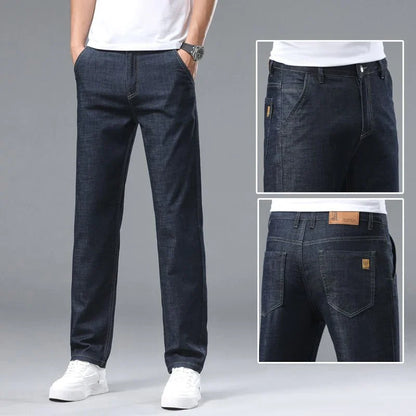 Light blue classic business jeans, fashionable breathable denim elastic pants, black blue men's straight leg jeans, sizes 28-40