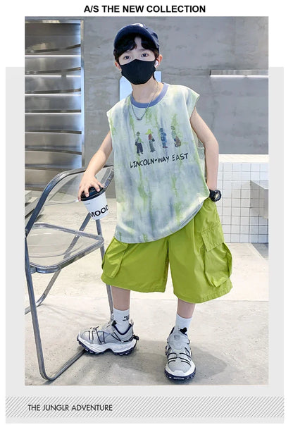 New Summer Kids Clothing Set Sleeveless T-shirt Suit with Shorts for Boy Luxurious Cotton Tracksuit 5 6 7 8 9 10 11 12 13 14 T