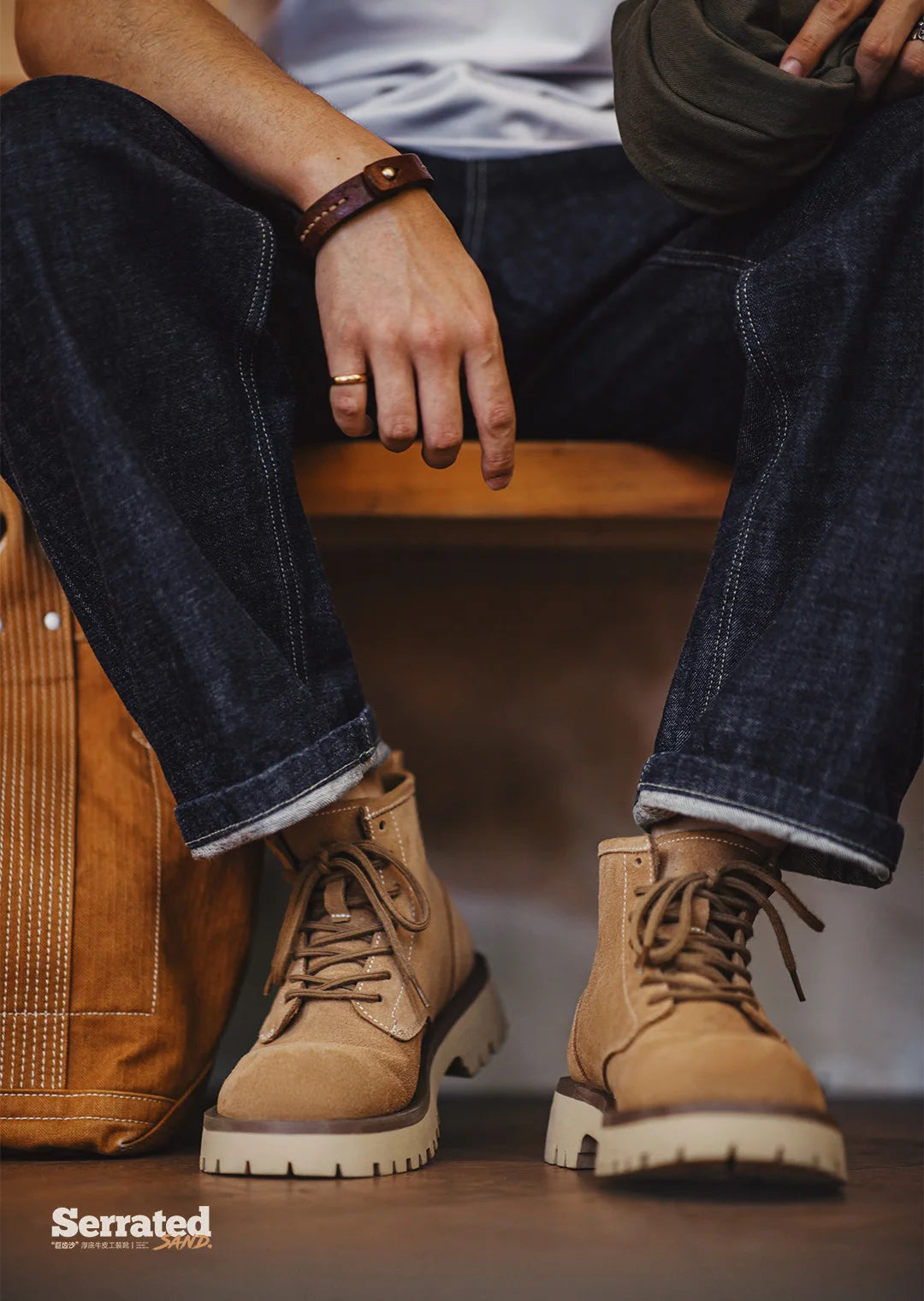 Vintage Men's Cow Suede High-Top Boots Chunky Round Toe Work Desert Boots Lace-Up Ankle Boots for Fall Winter Casual Shoes