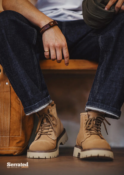Vintage Men's Cow Suede High-Top Boots Chunky Round Toe Work Desert Boots Lace-Up Ankle Boots for Fall Winter Casual Shoes