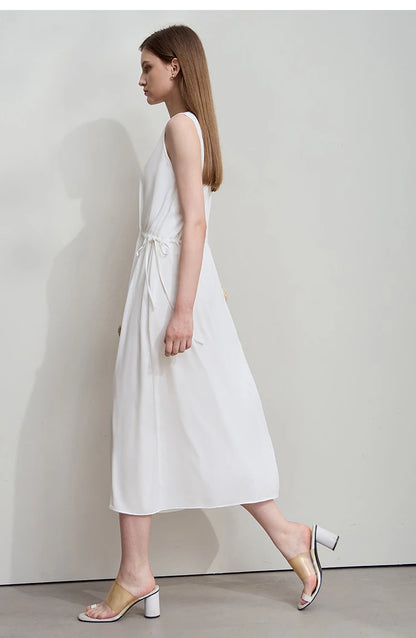 Minimalism Dresses 2025 Summer Vocation Women Loose Long Dresse Sleeveless High Waist Design Bead Drawstring Dress 12542177