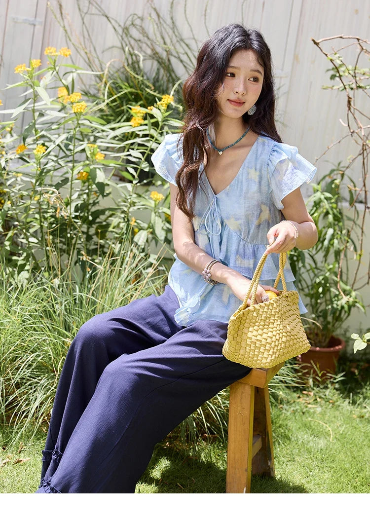 Blue Double-layer Ruffled Linen V-neck Blouse for Women Summer 2025 Slim Flying Sleeve Breathable Lace-up Tops MXE33X1819