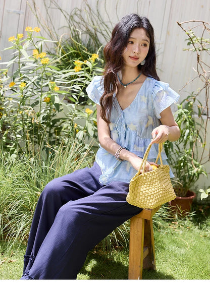 Blue Double-layer Ruffled Linen V-neck Blouse for Women Summer 2025 Slim Flying Sleeve Breathable Lace-up Tops MXE33X1819