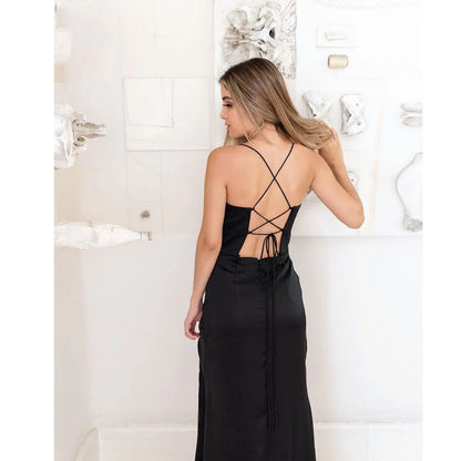 New Summer Prom Dress Women'S Sling Sleeveless Solid Color Dress One Word Neck Slim Fit Open Back Slit Red Sexy Dress