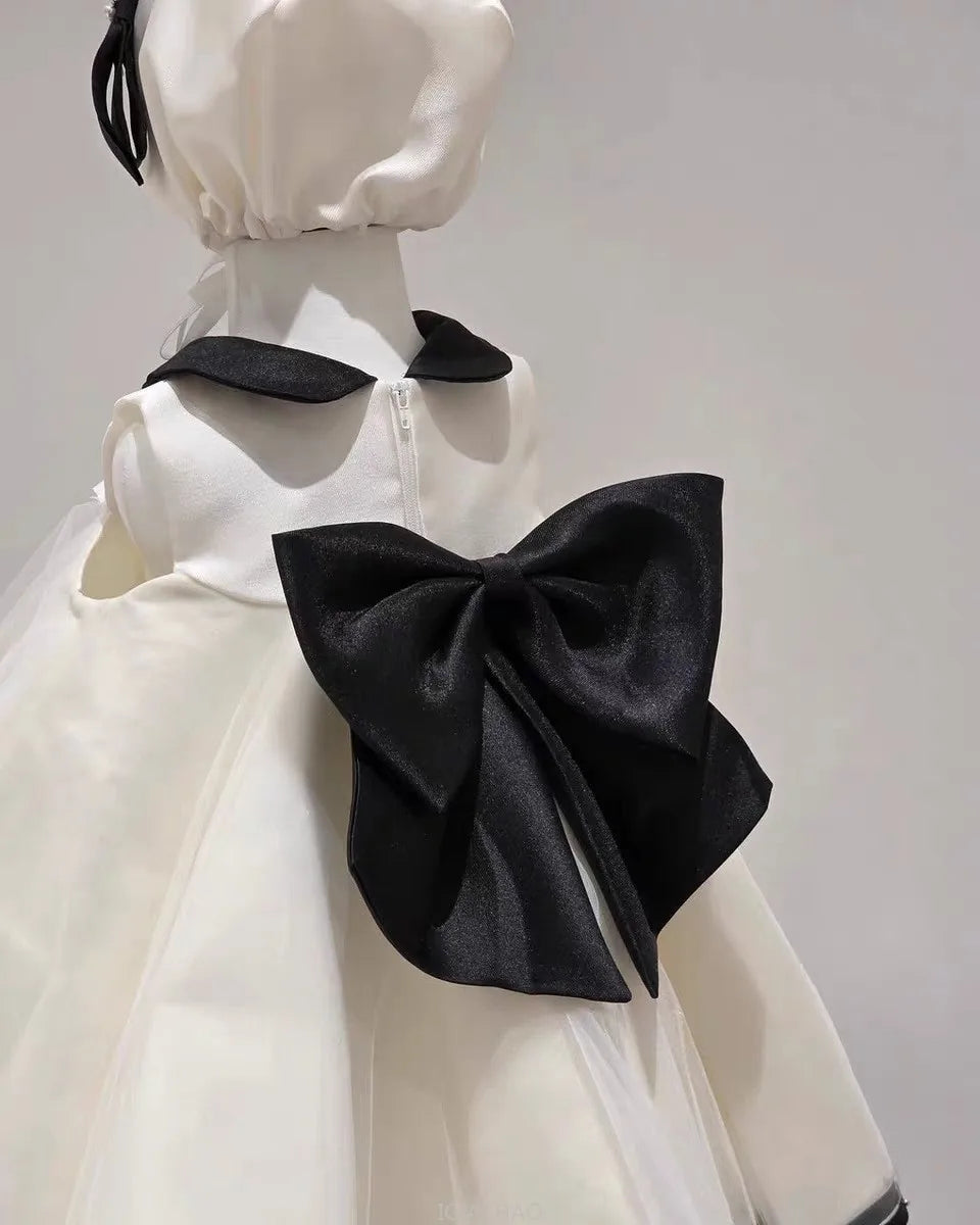 Party Dress Costumes Korean Style Girls Tulle First Birthday Dresses Children Black Bow  Collar Kids Flower Girl Gown Clothes