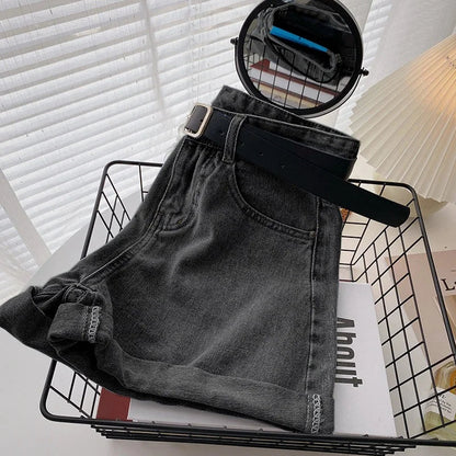 Wide Leg Denim Shorts With Belt Women Summer High Waist Pocket Hot Pants Streetwear Korean Fashion Casual Cowboy Jeans Shorts