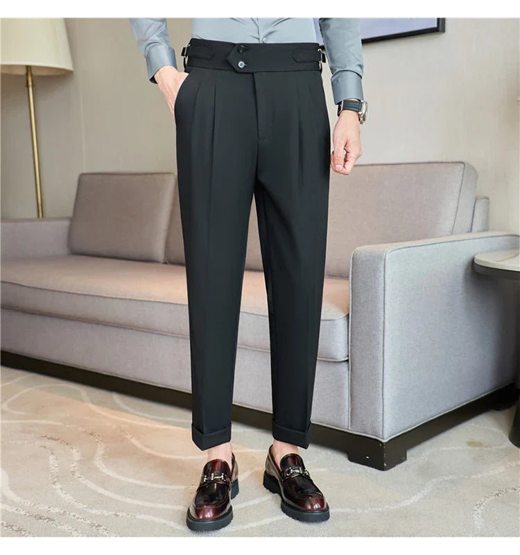 British Style Autumn New High Waist Trousers Men Belt Design Slim Fit Suit Pants Office Social Wedding Party Formal Pants Hommes