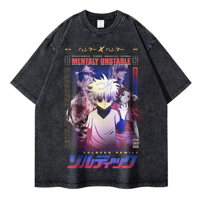 T-shirts Vintage Washed Anime Hunter T Shirt Oversize Manga Killua Zoldyck Gon Hisoka Chrollo Tops Tees Men 100% Cotton