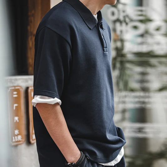 Vintage 340g Heavyweight Polo Shirt for Men 2023 Summer Cotton Golf Wear T-shirt Casual Loose Short Sleeve Tee Work Wear