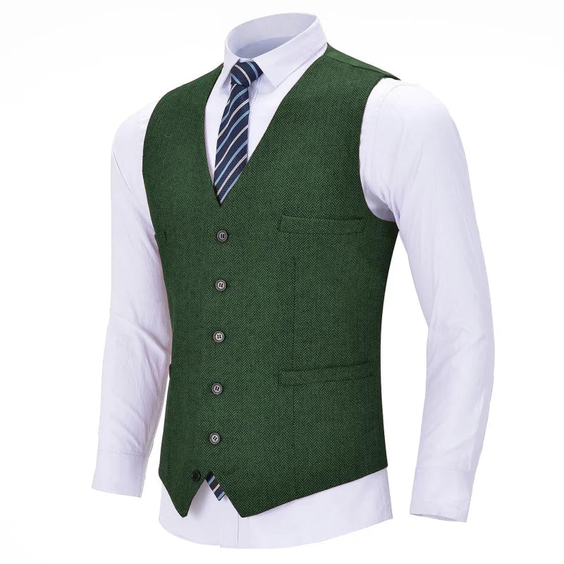 Men Vest Red Solid V Neck Herringbone Waistcoat For Wedding Business Birthday Banquet Work Set Men Suit Vest