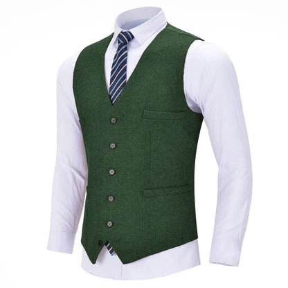 Men Vest Red Solid V Neck Herringbone Waistcoat For Wedding Business Birthday Banquet Work Set Men Suit Vest