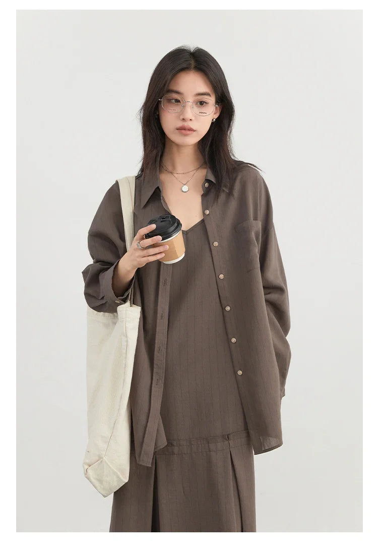 Women Dress Sets Stripe Shirt Loose Casual Long Sleeve Sunscreen Blouses Camisole V-neck Dresses Spring Autumn 2025