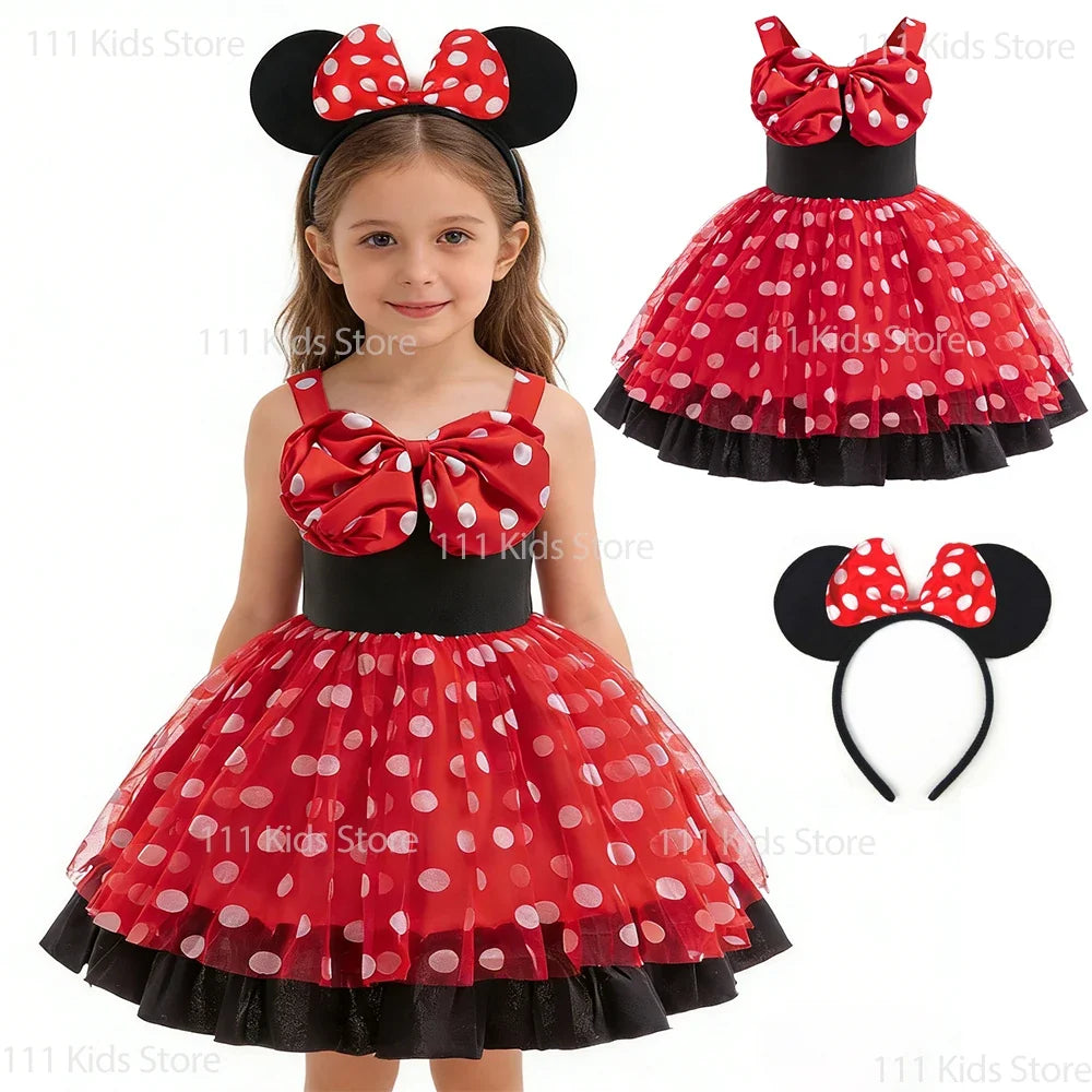 Polka Dot Girls Party Dresses Sleeveless Summer Bowknot Princess Dress Cartoon Mouse Cosplay Costume Kids Birthday Gift Outfit