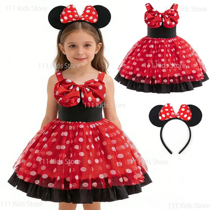 Polka Dot Girls Party Dresses Sleeveless Summer Bowknot Princess Dress Cartoon Mouse Cosplay Costume Kids Birthday Gift Outfit