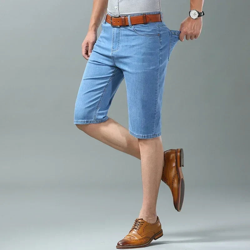New Summer Men's Denim Shorts Fashion Light Color Casual Loose Multi-pocket Straight Five-minute Pants Elastic Knee Shorts