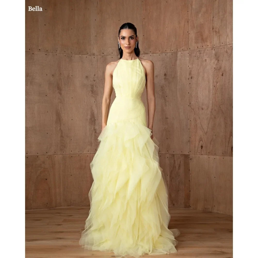 Customized Yellow Halter Neck Multi-Layered robes de soirée Mesh Fabric A-line Party Dresses Floor-Length Prom Dress 2025