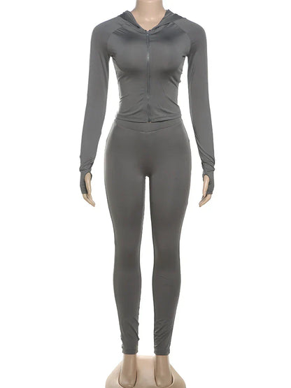 Casual Women 2 Piece Set Classic Tracksuits Solid Long Sleeve Zip-up Hood Tops+Slim Elastic Pants Sporty Concise Outfits