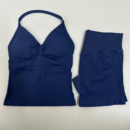 Yoga Set Women Padded Halter Tank Top Scrunch Butt Lifting Gym Shorts Set Summer Sportswear Workout Clothes