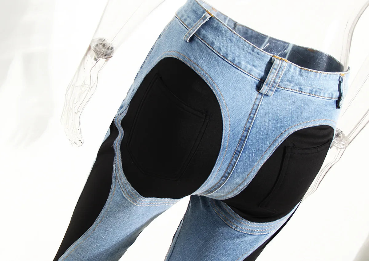 Jeans Women Pencil Pants 2023 Fashion High Waist Contract Color Patchwork Split Long Denim Pants Elastic Skinny Trousers