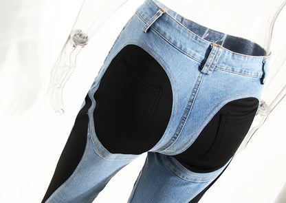 Jeans Women Pencil Pants 2023 Fashion High Waist Contract Color Patchwork Split Long Denim Pants Elastic Skinny Trousers