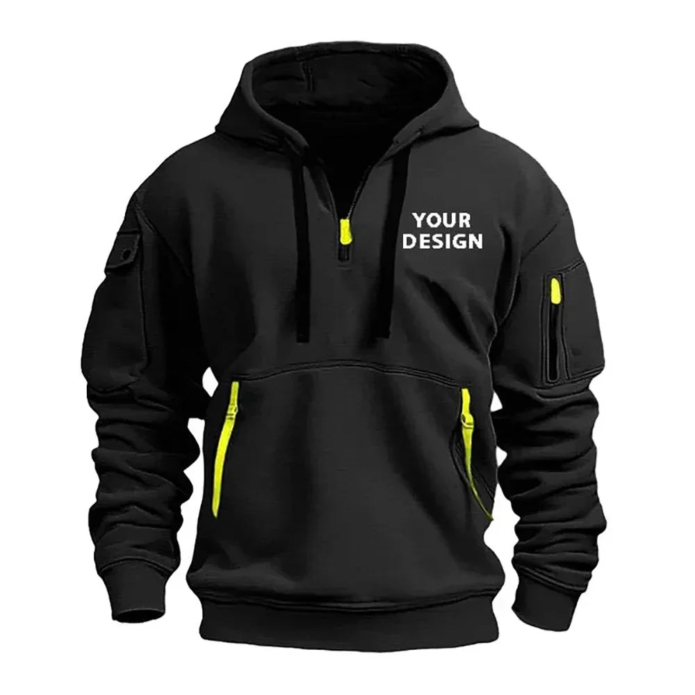 New Men's Sports Zipper Sweater, Loose Casual Sportswear with Arm Pockets, Customized Hooded Jacket with Your Logo