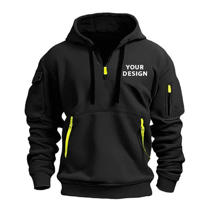 New Men's Sports Zipper Sweater, Loose Casual Sportswear with Arm Pockets, Customized Hooded Jacket with Your Logo