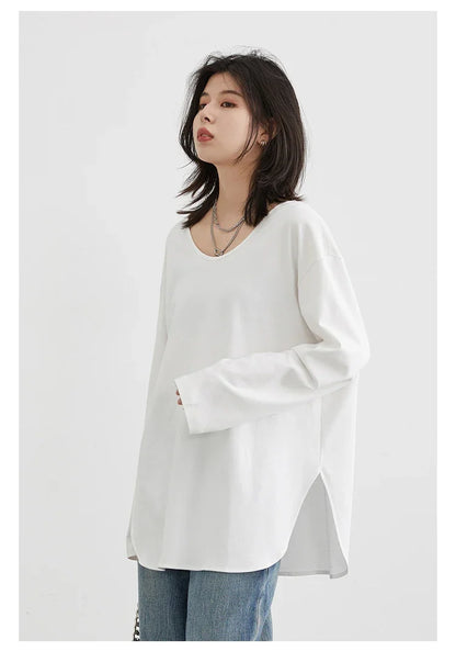Women T-Shirts Loose Casual U-Neck Long Sleeve Female Tees Split Bottom Woman Top Ladies Clothing Autumn Spring 2023