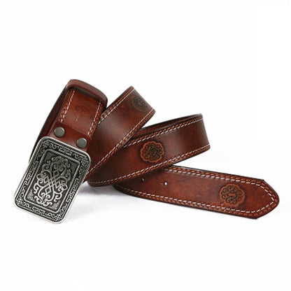 3.8cm Chinese Pattern Cowboy Smooth Buckle Men's Belt Ceinture Homme Yellow Belt Male Wide Jeans Men Genuine Leather Belt