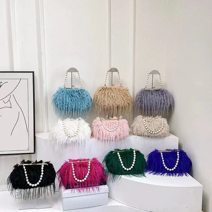 Luxury Faux Fur Evening Bag Pearl Chain Trendy Long Tassel Plush Shoulder Bag Large Capacity Tote Wedding Handbag XA48ZZ