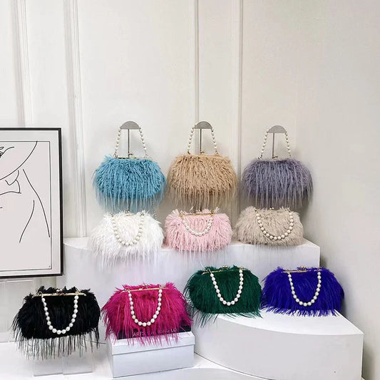 Luxury Faux Fur Evening Bag Pearl Chain Trendy Long Tassel Plush Shoulder Bag Large Capacity Tote Wedding Handbag XA48ZZ