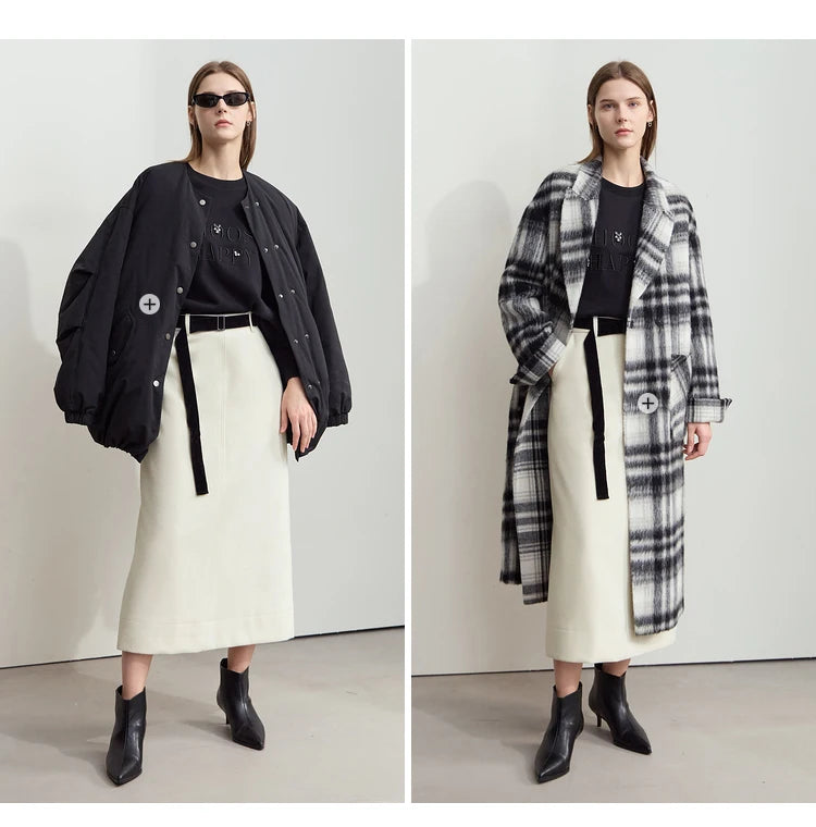 Minimalism Women's Elegant Commuter Skirts with Velvet Belt 2024 Winter Twill Fabric Warm Slit Straight Midi Skirt 12444183