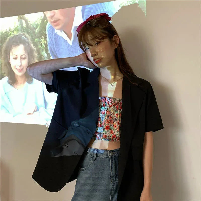2025 Women's Summer Short-sleeved Jacket Casual All-match Loose Double-breasted Blazers Coat Woman Korean Chic White Blazer