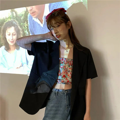 2025 Women's Summer Short-sleeved Jacket Casual All-match Loose Double-breasted Blazers Coat Woman Korean Chic White Blazer