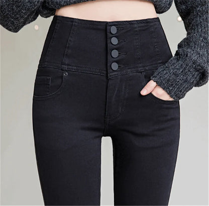 Button Fly Jeans High Waist Front for Women Tummy Control Stretch Denim Black Petite XS - 4XL Dress Pants With Pocket