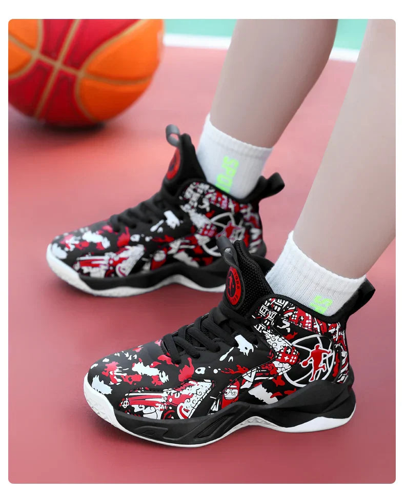 Original Children's Basketball Shoes Fashion Print Purple Basketball Sneakers Kids Training Shoes High Top Sports Shoes For Boys