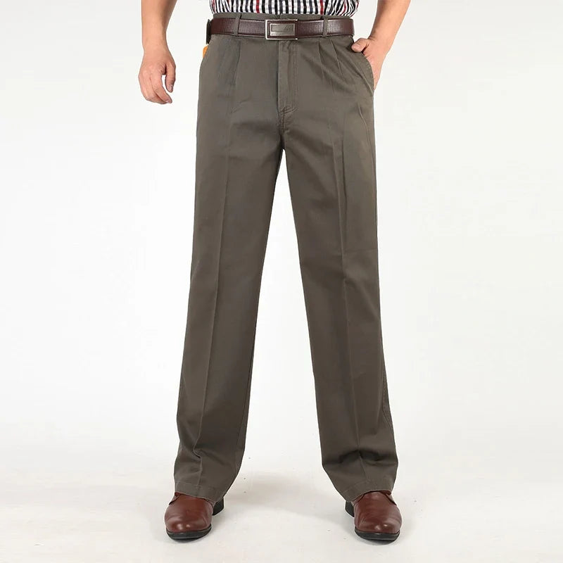 Double Pleated Casual Pants Men High Waist Straight Loose Classic Basic Trousers Male Autumn 100% Cotton Black Big Size 42 44 46