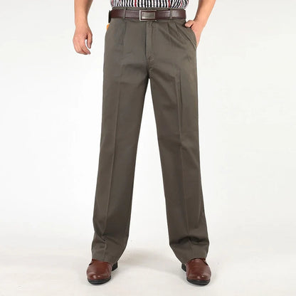 Double Pleated Casual Pants Men High Waist Straight Loose Classic Basic Trousers Male Autumn 100% Cotton Black Big Size 42 44 46