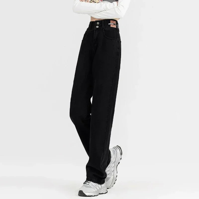 New Woman Korean Double Buckle Design Jeans Female Winter Snow Warm Thermal Plush Pants Girls Popular High Waist Denim Trousers