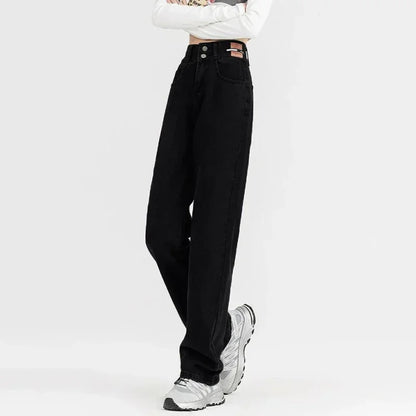 New Woman Korean Double Buckle Design Jeans Female Winter Snow Warm Thermal Plush Pants Girls Popular High Waist Denim Trousers