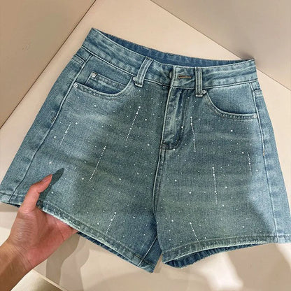 Fashion Rhinestone Denim Shorts for Women Light Blue Summer New Loose Wide Leg Short Pants Korean High Waist Washed Jeans Shorts