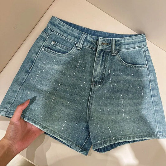 Fashion Rhinestone Denim Shorts for Women Light Blue Summer New Loose Wide Leg Short Pants Korean High Waist Washed Jeans Shorts