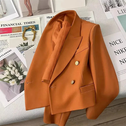 High-Quality Double Breasted Crop Blazer Women Korean Solid Long Sleeve Suit Coat Office Ladies Elegant Short Jacket Female Coat