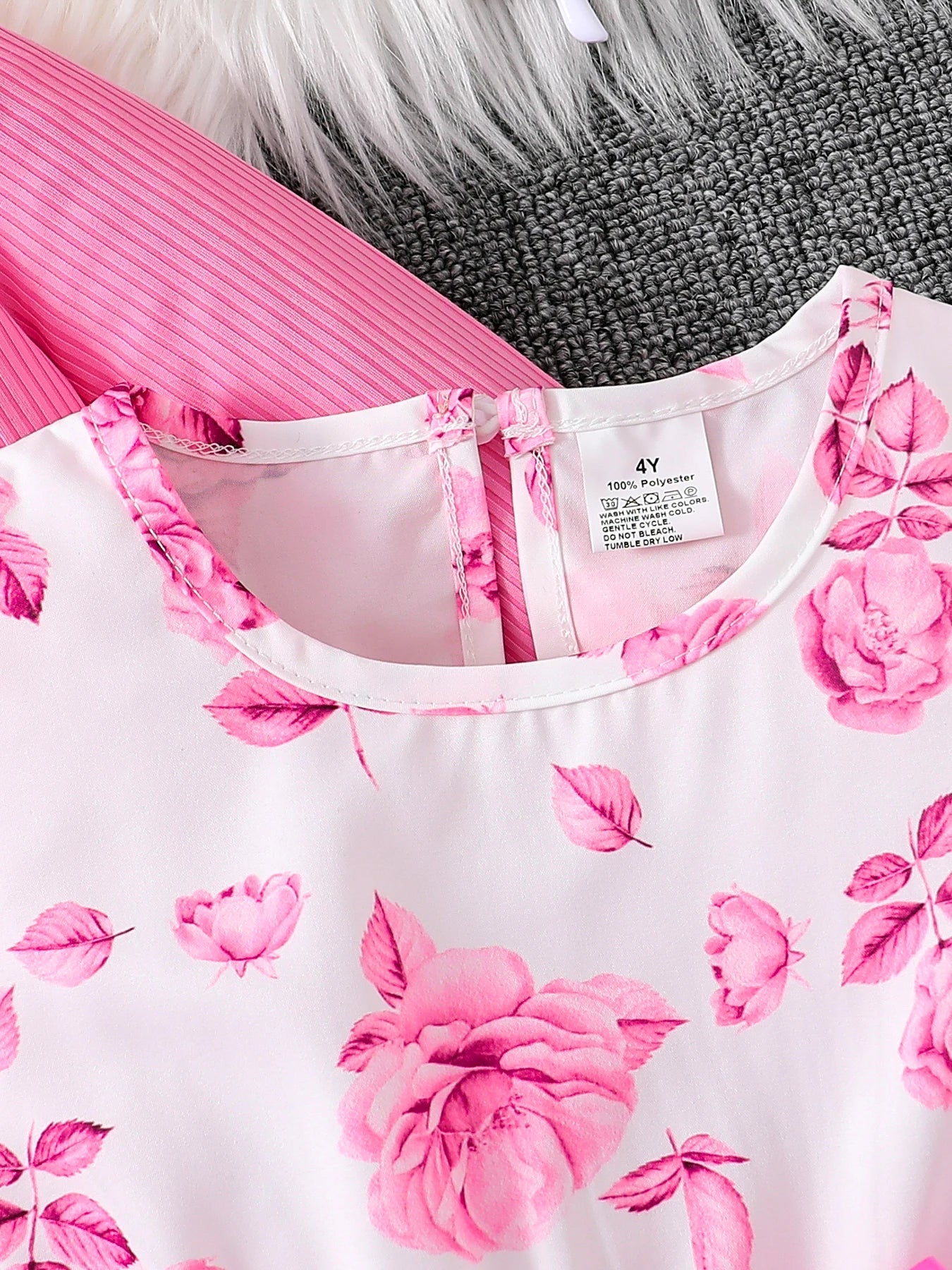 Children's Clothing Girl Autumn Fashion Casual Pink Floral Dress Set 2-Piece Set - Pink Round Neck Vest + Pink Floral Skirt