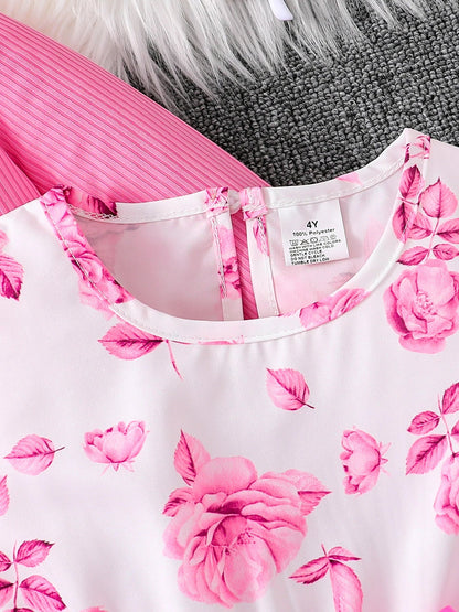 Children's Clothing Girl Autumn Fashion Casual Pink Floral Dress Set 2-Piece Set - Pink Round Neck Vest + Pink Floral Skirt