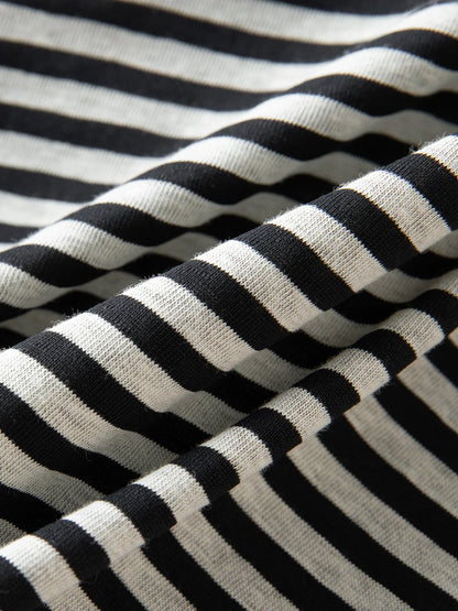 2025 New Fake Two-piece Black White Striped V-neck Retro Long-sleeved T-shirt Women's Autumn 2025 New Chic Tops 25FS13227