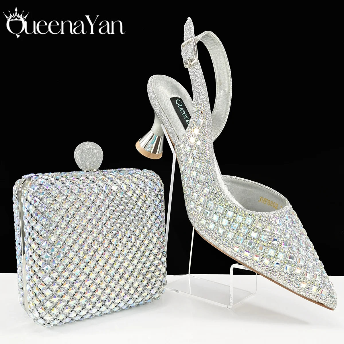Coffee Color Elegant Lady Shoes And Bag Set with Full Rhinestone Embellished Pearls-knot And Comfortable Heel